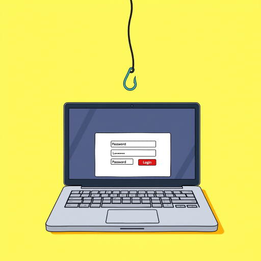 Create a high-resolution illustration of a laptop on a bright yellow background with a fishing hook dangling above it, displaying a login form with hidden password fields, using a digital art style, at 300 DPI, with a top-down view, using a vector graphics software.