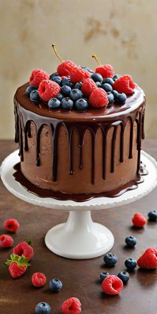 Create an image of a decadent chocolate cake topped with an array of assorted berries, including raspberries and blueberries. The cake should have a glossy chocolate drip down the sides, and be decorated with various types of chocolate pieces, including curls and sticks. Add a few elegant gold or silver accents for a touch of sophistication. The background should be simple and elegant to highlight the cake.