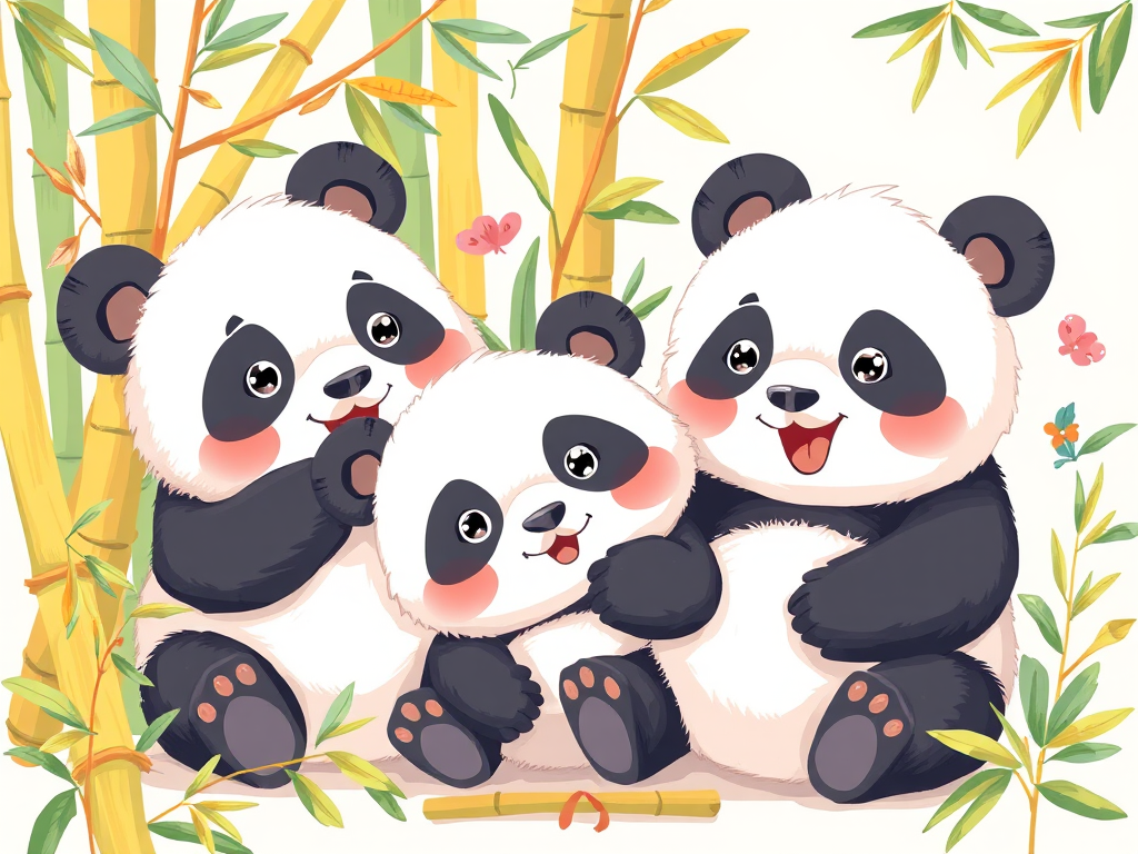 high-resolution illustration of playful pandas, vibrant bamboo elements, animated style, flat lay view, 50mm lens, f/2.8 aperture, ISO 100, natural light, digital art