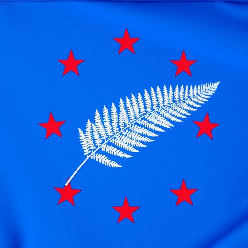Create an image of a flag featuring a silver fern on a blue background with red stars, using a DSLR camera with a 50mm lens, f/1.8 aperture, ISO 100, natural light, shot from a low angle to enhance depth and texture.