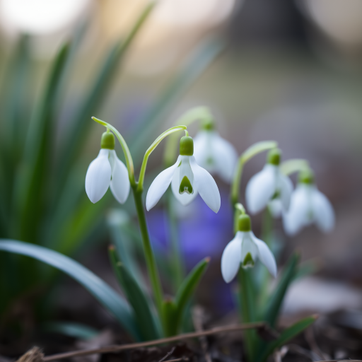 Close-up of snowdrop flowers in a natural setting, with soft bokeh background, taken with a DSLR camera, 50mm lens, f/2.8 aperture, ISO 200, 1/200s shutter speed, natural light.