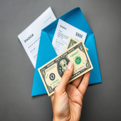 create an image of a hand holding a dollar bill next to a blue envelope with an invoice inside, use a digital camera with a 50mm lens, set aperture to f/2.8 for background blur, shutter speed of 1/100s, and ISO 100, use a high-resolution style with a flat lay view and soft, natural lighting