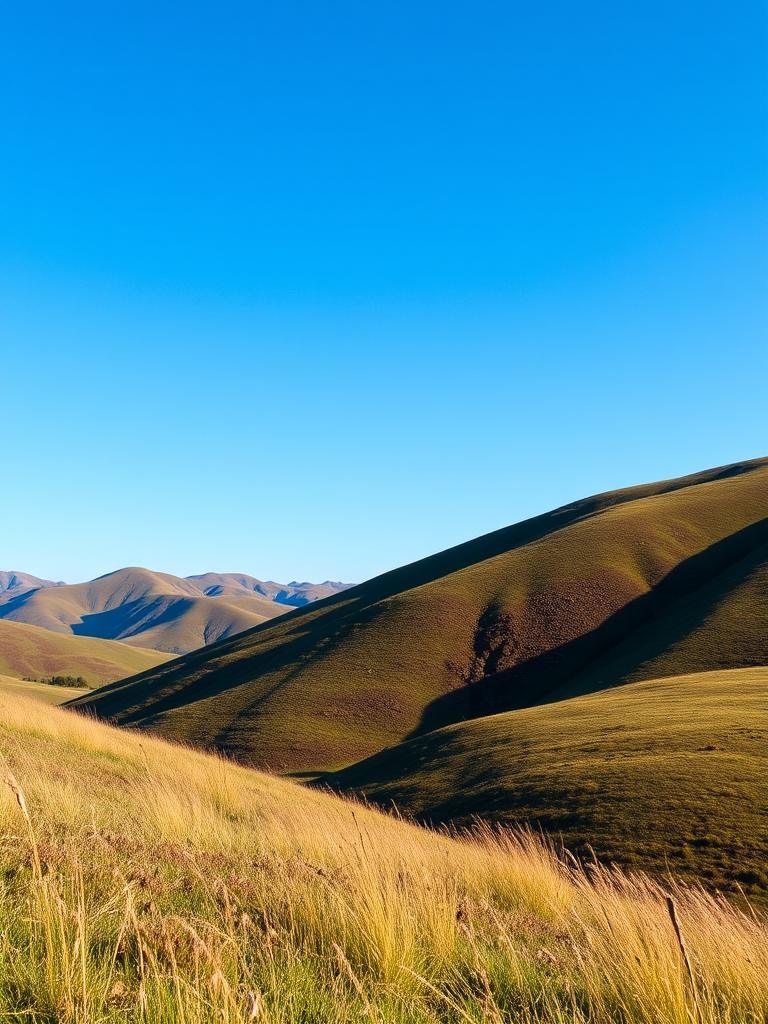 Generate a high-resolution image of a serene landscape featuring rolling hills and a clear blue sky, using a 50mm lens, aperture f/1.8, ISO 100, shot from a low angle perspective, capturing vibrant colors and rich textures.