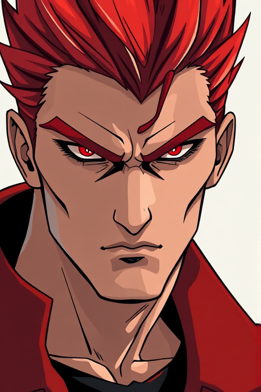 Create a highly stylized digital illustration of a male character with sharp features and red hair, featuring intense red eyes, in a bold and graphic style, using a Canon EOS R5 with a 50mm f/1.2 lens, ISO 100, aperture f/2.8, and soft diffused lighting for enhanced detail and contrast, viewed from a frontal perspective.