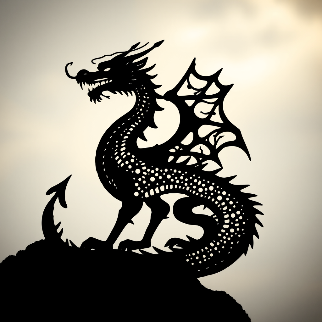 Create a high-resolution image of a stylized dragon silhouette with intricate details, using a DSLR camera at f/2.8 aperture, ISO 100, 50mm lens, shot in a side view with soft natural lighting for a dramatic effect.