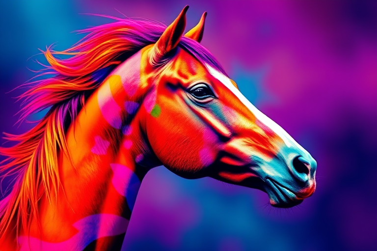 Create a vibrant and artistic image of a horse's head in an abstract style with vivid colors, using a DSLR camera at f/2.8 aperture, 50mm lens, ISO 100, and a high saturation filter.