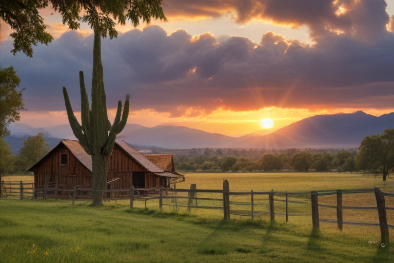 Sunset Over a Serene Farm with Cactus and Majestic Mountains