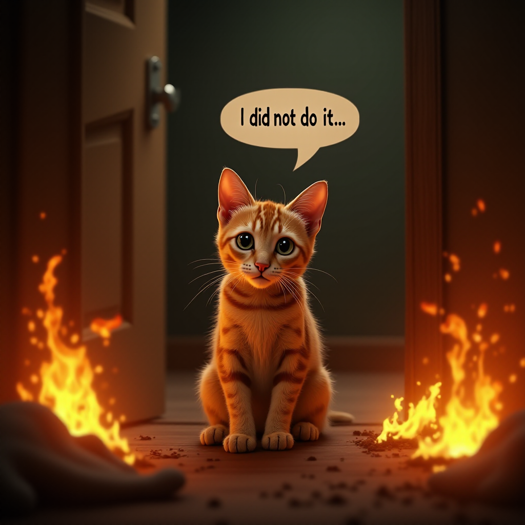 Photorealistic image of an innocent-looking cat sitting calmly in the middle of a burning room. Flames engulf the room, with fire licking up the walls and smoke filling the air. The cat is sitting on the floor, looking directly at the viewer with wide, innocent eyes. Above the cat, a speech bubble says "I did not do it" The contrast between the cat's calm demeanor and the chaos around it creates a humorous and surreal scene.