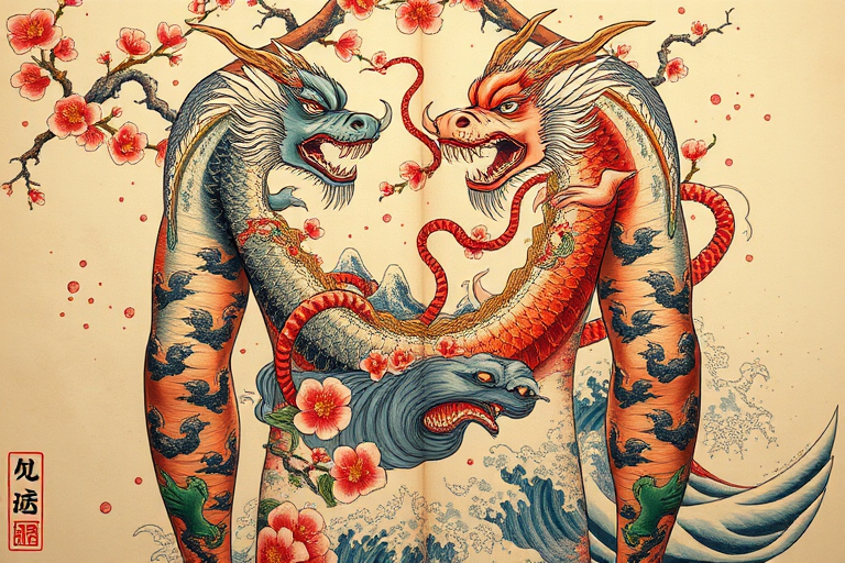 Japanese irezumi tattoo called "Legends of the East" featuring a full-body design of mythical creatures, cherry blossoms, and crashing waves, revered for its traditional symbolism and harmonious composition