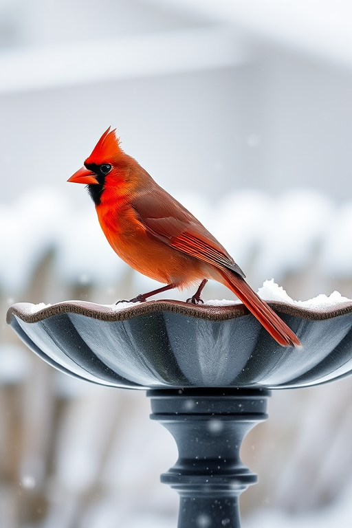 Capture a vibrant red cardinal perched on a birdbath during a snowfall, using a DSLR camera with a 200mm lens, aperture set to f/4, shutter speed at 1/500s, ISO 400, in a crisp, shallow depth of field for enhanced detail and clarity.