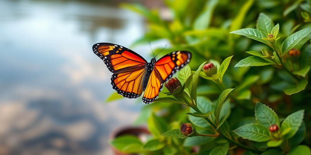Generate an image of a vibrant orange and black butterfly perched on lush green foliage near a calm body of water, with a soft focus on the background to emphasize the butterfly and plants.