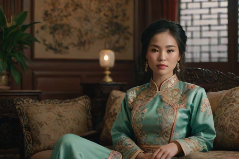 A beautiful Vietnamese woman in traditional East Asian attire, intricately detailed with embroidered patterns, sitting gracefully in a richly decorated room, soft ambient lighting, serene and elegant, ultra-realistic, 8K resolution