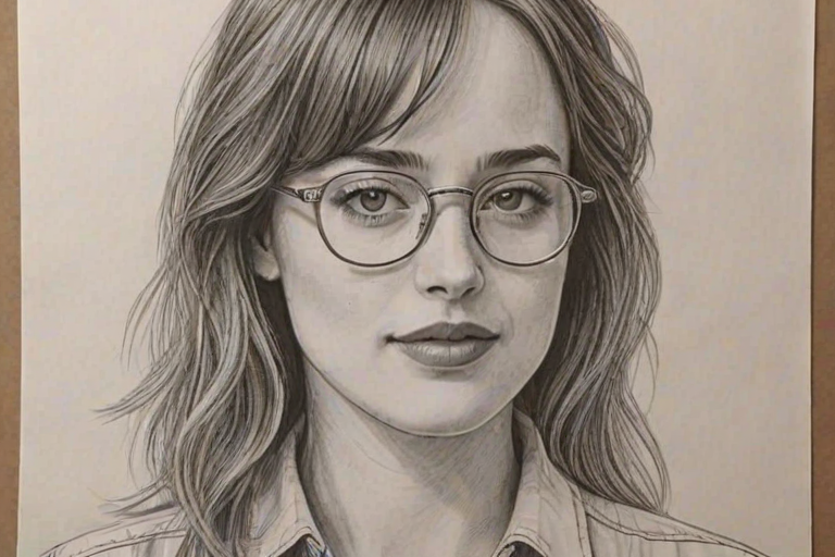 Wonderful Dakota Johnson, pencil sketch, portrait of Delightful woman 1980s in glasses, hair style beatnik, outline, clear lines, fine lines, 8k