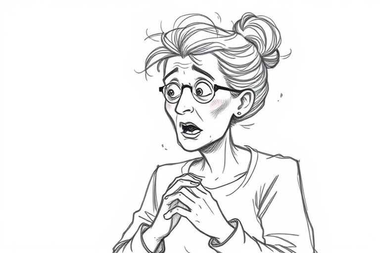 scribbly unfinished sketch, old lady with messy gray hair in a loose bun, surprised expression, mouth open, hands clasped together in front of her chest. Her eyes are wide, eyebrows are furrowed. vibe of shock or surprise.