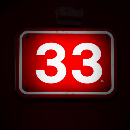 Generate an image of a rectangular sign with a dark red background and large white number 33 centered, using a DSLR camera with a focal length of 50mm, aperture set to f/2.8, ISO 100, and a slight vignette effect for depth.