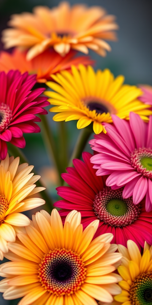 close-up shot of vibrant gerbera daisies in various colors with soft-focus background, aperture f/2.8, shutter speed 1/250s, ISO 100, macro lens, natural lighting, DSLR camera