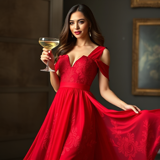 A glamorous woman in a flowing red dress with intricate floral patterns, holding a martini glass, shot in 50mm lens at f/1.8, natural lighting for soft shadows, portrait style, DSLR camera.