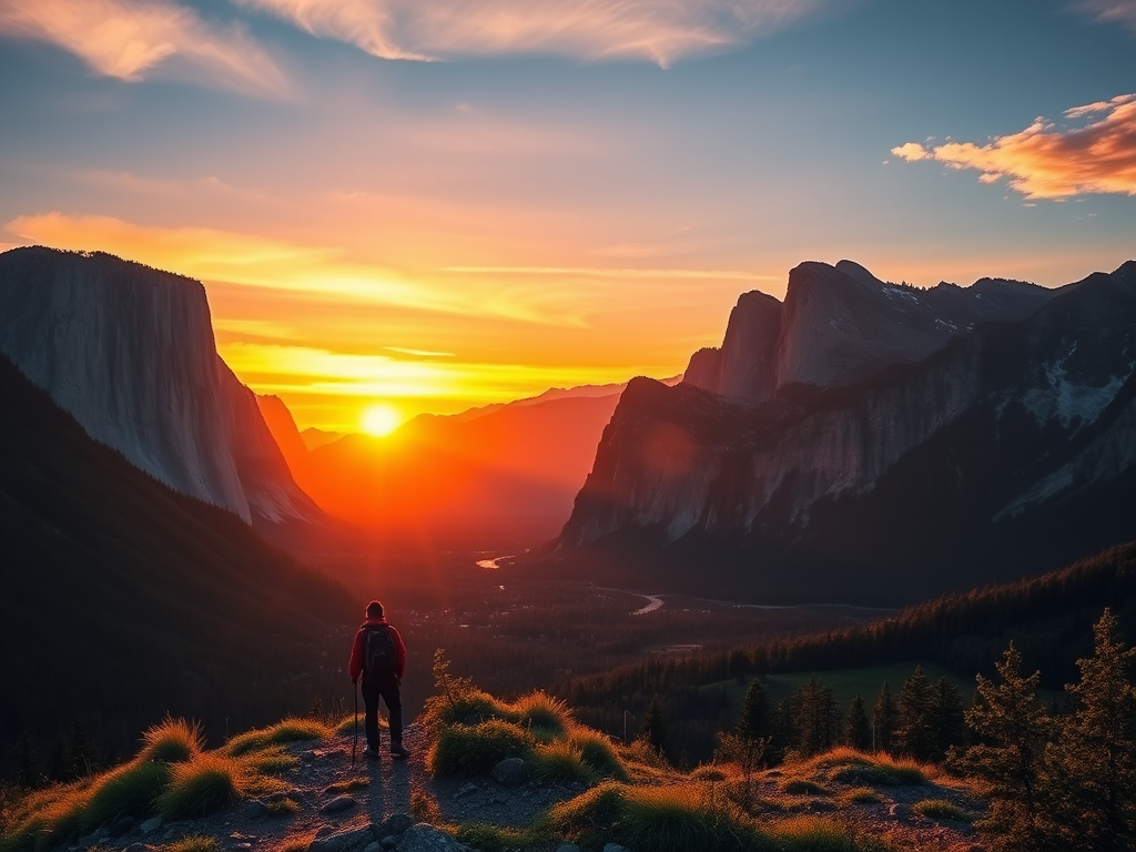 Generate a vibrant sunset landscape featuring a lone hiker in front of majestic mountains and a lush valley, using a DSLR camera with a wide-angle lens, f/8 aperture, ISO 100, 1/250 sec shutter speed, and a golden hour setting to enhance colors and detail.