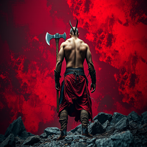 A muscular warrior with a battle axe standing on a rugged terrain, back turned, wearing tattered red garments, dramatic red and black artistic background, low angle view, shot with a DSLR camera at f/2.8, ISO 100, 50mm lens, cinematic lighting for high contrast and sharp detail.
