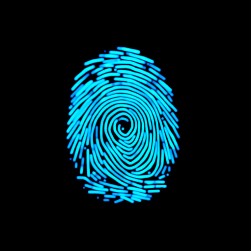 create a high-resolution image of a glowing blue fingerprint on a black background, using a DSLR camera with a 50mm lens, aperture set to f/1.8, shutter speed of 1/125 sec, ISO 100, shot in macro view with a soft focus effect for enhanced depth.