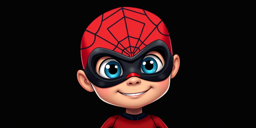 Create a vibrant illustration of a cartoon superhero with a red and black mask featuring a web design, large expressive blue eyes, and a confident smile, positioned against a solid black background, captured with a Canon EOS R5 camera, 50mm lens, f/1.8 aperture, ISO 100, and soft lighting to enhance details and colors.