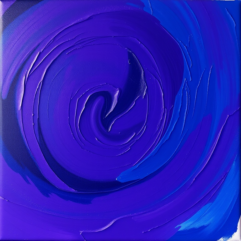 Create an abstract painting with a focus on swirling shades of deep purple and blue, utilizing thick, textured brush strokes to enhance depth and movement, captured with a DSLR camera at ISO 100, aperture f/8, 50mm lens, natural light, slight overhead angle.