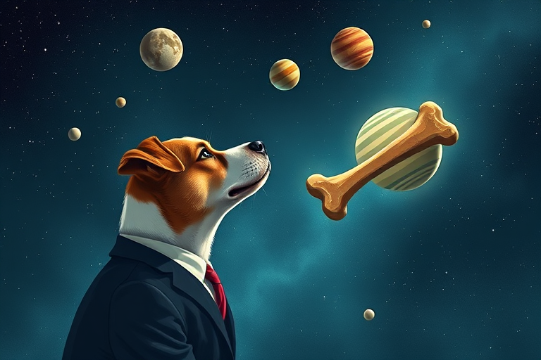 Create an artistic illustration of a dog in a suit gazing at a floating bone and planets in a starry space background, using a DSLR camera with a 50mm lens, f/1.8 aperture, ISO 100, and a slight tilt for a dynamic perspective.