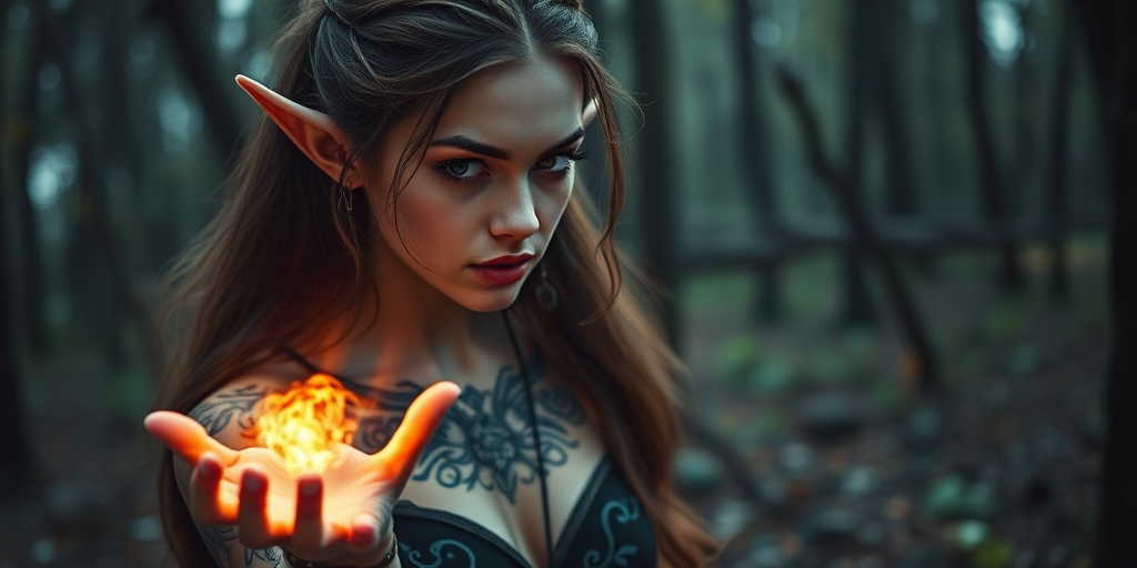 A mystical forest scene featuring an elven woman with intricate tattoos and glowing magical energy in her hand, shot with a DSLR camera at 50mm focal length, f/2.8 aperture, ISO 100, using soft natural lighting and a shallow depth of field to enhance background blur.