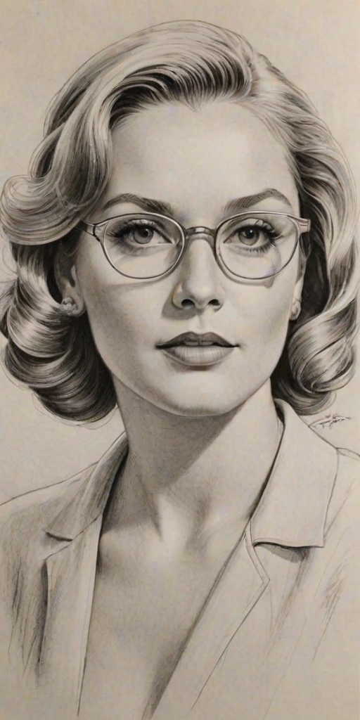 Splendid Elisabeth R'hm, pencil sketch, portrait of Exquisite woman 1946s in glasses, hair style beatnik, outline, clear lines, fine lines, 8k