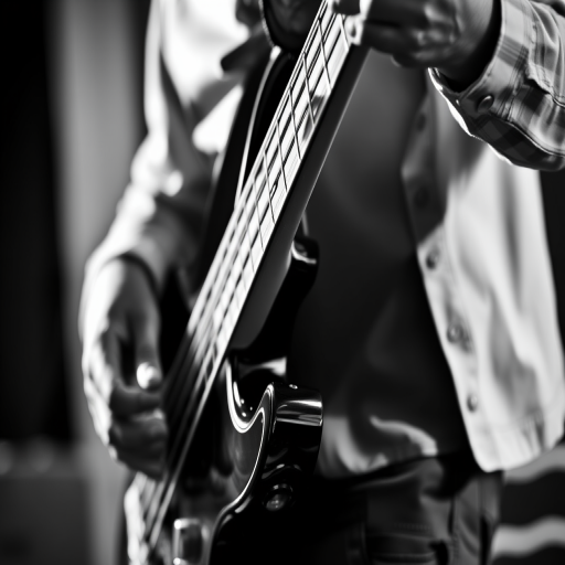 Capture a high-contrast black and white image of a musician playing a bass guitar, with close-up focus on the hands and instrument, using a 50mm lens at f/2.8, ISO 200, shutter speed 1/250s, natural lighting, and a shallow depth of field.