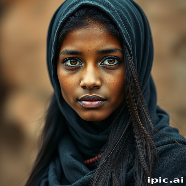 Create a portrait of a young Sri Lankan woman with long, dark hair and captivating hazel eyes. She is wearing a dark headscarf and a matching scarf draped gracefully around her neck. The background is softly blurred, focusing attention on her serene and natural expression. The overall color palette is muted and warm, enhancing the intimate and authentic feel of the portrait.