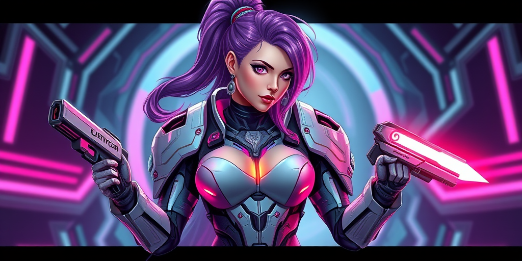 Generate a high-quality digital illustration of a futuristic female cyborg warrior with purple hair, wearing a sleek armored suit, holding glowing weapons, set against a stylized sci-fi background with pink accents, using a Canon EOS R5, 50mm lens, f/1.8 aperture, ISO 100, and vibrant color grading.