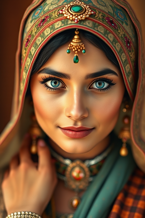 Create a portrait of a beautiful Pakistani woman with striking blue eyes and a gentle expression. She is adorned in traditional attire with intricate patterns, including a richly embroidered headscarf and matching garments. Her jewelry includes a delicate headpiece, dangling earrings, and ornate bracelets, all featuring vibrant gemstones and detailed metalwork. The background is soft and warm, enhancing the rich colors of her outfit and jewelry.
