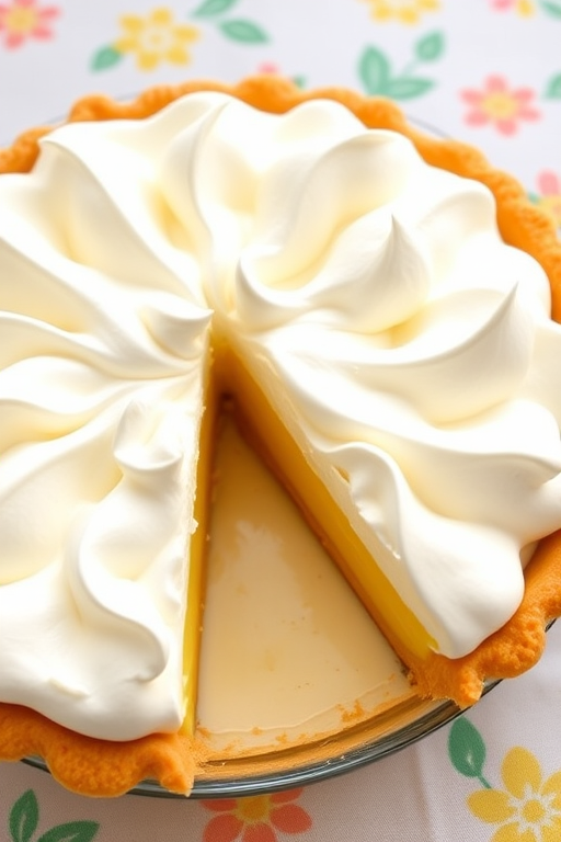 Create an image of a delicious lemon meringue pie with fluffy white meringue peaks on top and a golden crust. The pie should have a slice cut out, revealing the bright yellow lemon filling inside. The background should be a colorful tablecloth with a light, cheerful pattern.