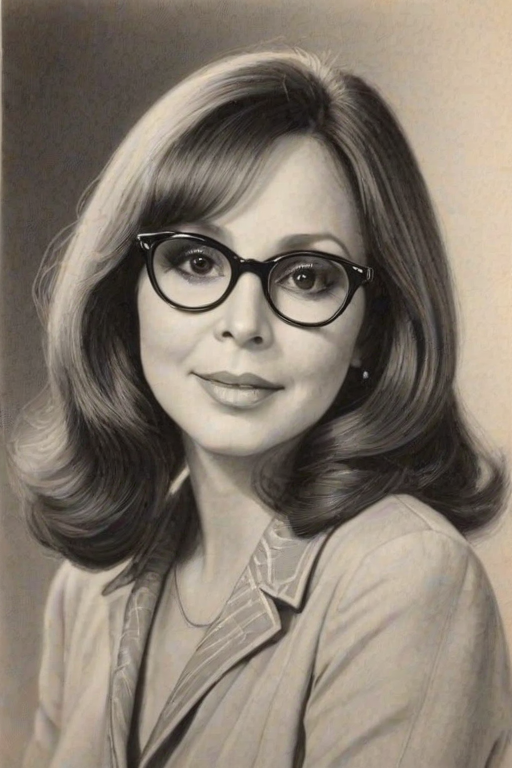 Pleasing Marlo Thomas, pencil sketch, portrait of Graceful woman 1922s in glasses, hair style beatnik, outline, clear lines, fine lines, 8k