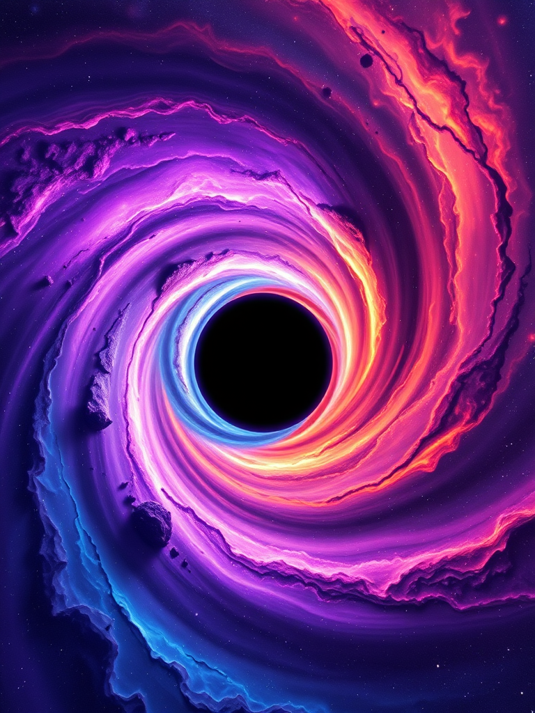 Create an image of a vibrant cosmic scene featuring a swirling black hole at the center with vivid colors like purple, orange, and blue merging around it, captured using a DSLR camera with a 24mm lens, aperture set to f/8, ISO 200, at a wide-angle view, in a high-resolution style.