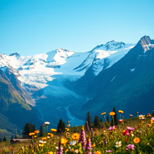 landscape of snow-capped mountains with a glacier and blooming wildflowers in the foreground, shot with a Canon EOS R5, 24mm lens, f/8 aperture, ISO 100, natural lighting, wide-angle view, high dynamic range