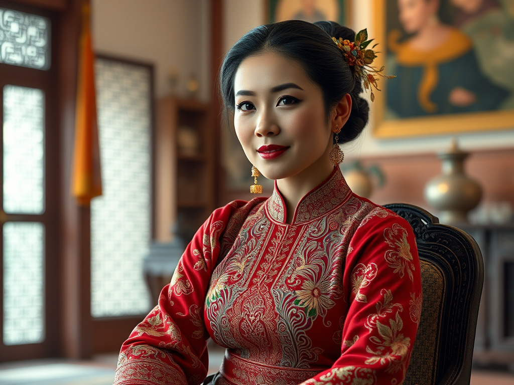A beautiful Lao woman in traditional East Asian attire, intricately detailed with embroidered patterns, sitting gracefully in a richly decorated room, soft ambient lighting, serene and elegant, ultra-realistic, 8K resolution