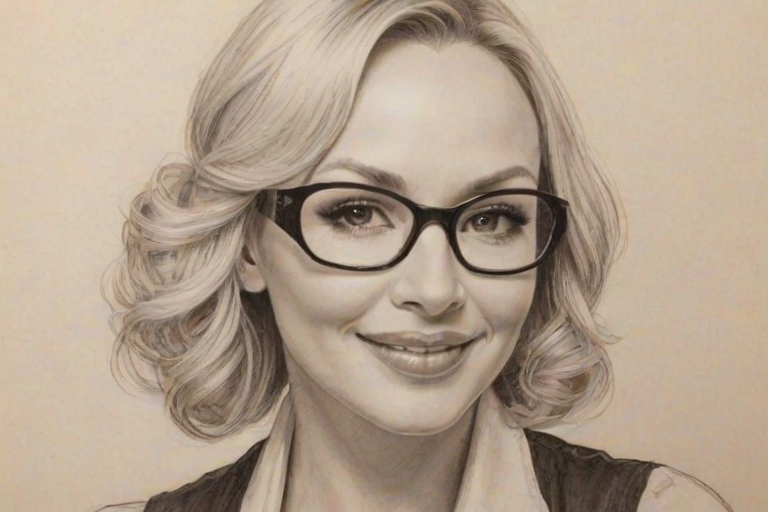 Wonderful Kristina Rihanoff, pencil sketch, portrait of Resplendent woman 1927s in glasses, hair style beatnik, outline, clear lines, fine lines, 8k