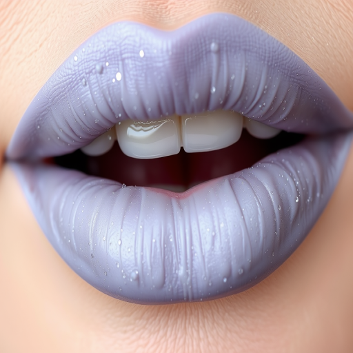 Lavender-gray lips with "Misty Morning" style, showcasing a unique cloud-like texture and delicate silver sparkles, reminiscent of early morning dew