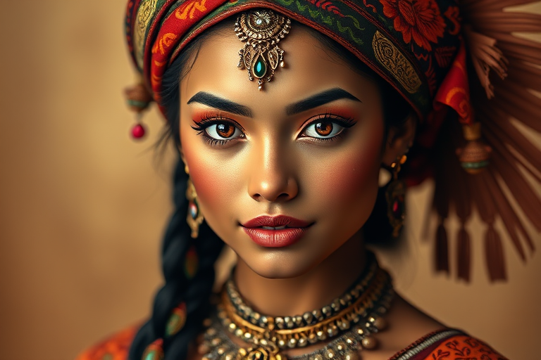 Create a portrait of a beautiful Polynesian woman with striking red eyes and a gentle expression. She is adorned in traditional attire with intricate patterns, including a richly embroidered headscarf and matching garments. Her jewelry includes a delicate headpiece, dangling earrings, and ornate bracelets, all featuring vibrant gemstones and detailed metalwork. The background is soft and warm, enhancing the rich colors of her outfit and jewelry.