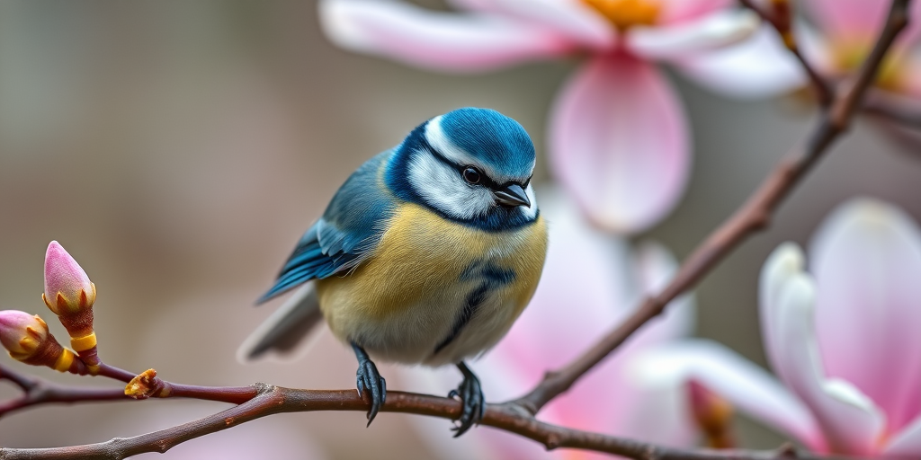Capture a close-up of a blue tit perched on a branch with magnolia blossoms in the background, using a Canon EOS 5D Mark IV, 85mm f/1.8 lens, ISO 200, aperture f/2.8, shutter speed 1/250s, natural soft lighting to enhance the vibrant colors and detail.