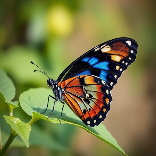 Generate an image of a butterfly perched on a green leaf, showcasing vibrant colors and intricate patterns on its wings, with a blurred natural background.