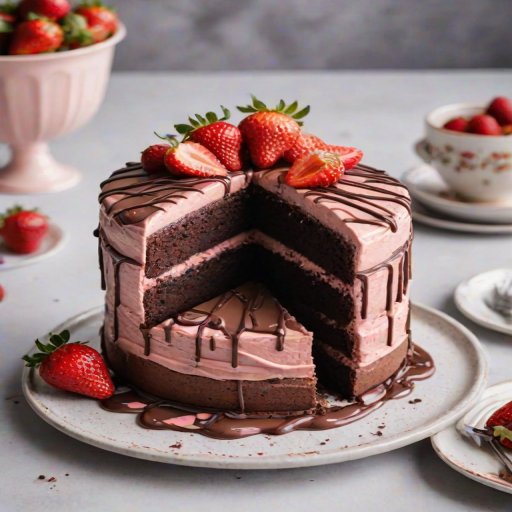 Generate an image of a chocolate cake with a smooth pink frosting, topped with fresh strawberries and chocolate drizzle. The cake should be partially sliced to show layers of chocolate cake, strawberry filling, and cream. Include two plates with slices of the cake, and a simple, elegant background.