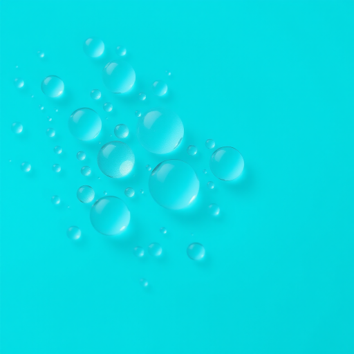 Create an image of a turquoise background with varying sizes of translucent water droplets scattered throughout, using a macro lens setting at f/2.8, ISO 100, with a shallow depth of field and a soft focus effect to enhance the clarity and detail of the droplets.