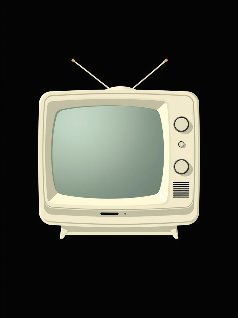 Create a vintage television set illustration in a minimalist style, focus on clean lines and smooth curves, shot using a Canon EOS R with a 35mm f/1.8 lens at f/5.6, ISO 100, in natural light, ensuring a soft, diffused effect and high contrast between the black background and the white TV.