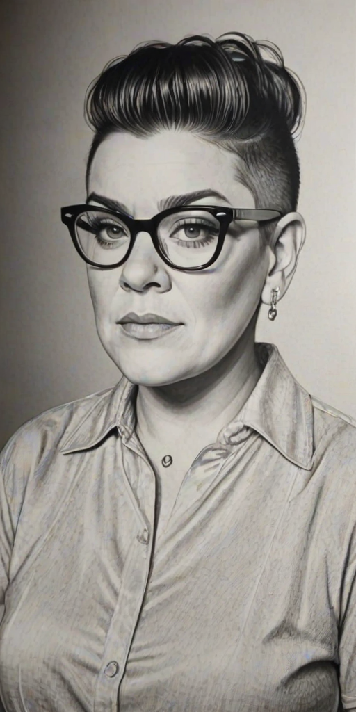 Attractive Lea DeLaria, pencil sketch, portrait of Attractive woman 1953s in glasses, hair style beatnik, outline, clear lines, fine lines, 8k