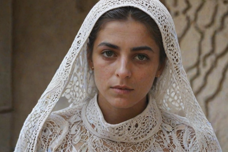 Face, shoulders, chest covered in openwork Druze embroidery. Raw, unedited image.