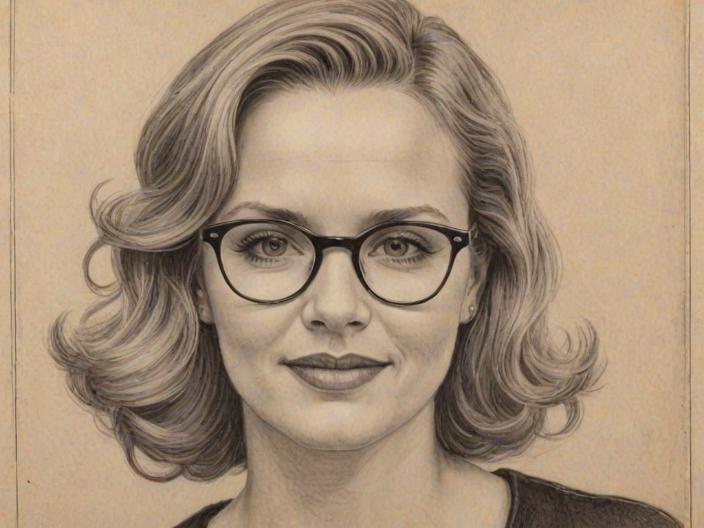 Delightful Andrea Barber, pencil sketch, portrait of Ravishing woman 1933s in glasses, hair style beatnik, outline, clear lines, fine lines, 8k