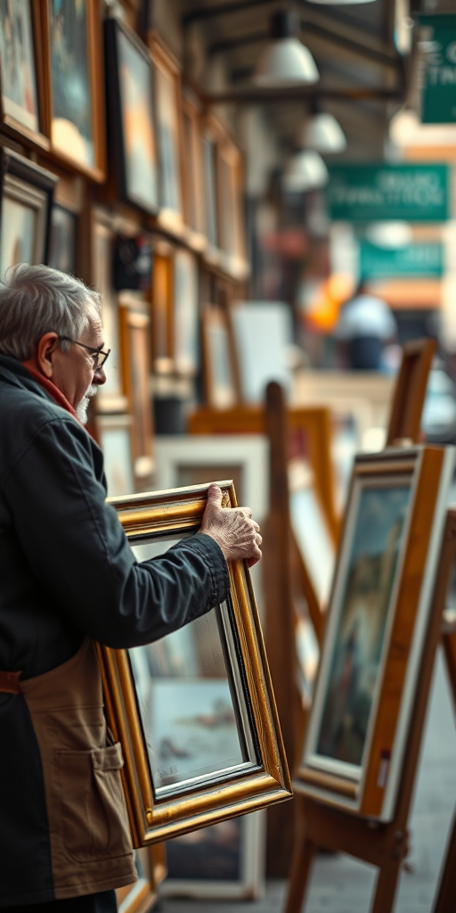 Street scene of an artist framing paintings in a vibrant art shop, natural daylight, shallow depth of field, 50mm lens, f/1.8, ISO 200, soft focus background, vintage camera style, high resolution.
